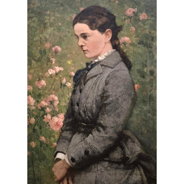 Oyster Gray John Ferguson Weir-Portrait of Marion Eckford Harwood -19th Century Oil Painting For Sale - Image 8 of 13