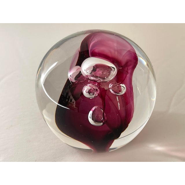 Modern Clear and Magenta Glass Signed Studio Paperweight With Bubble Inclusions For Sale - Image 3 of 10