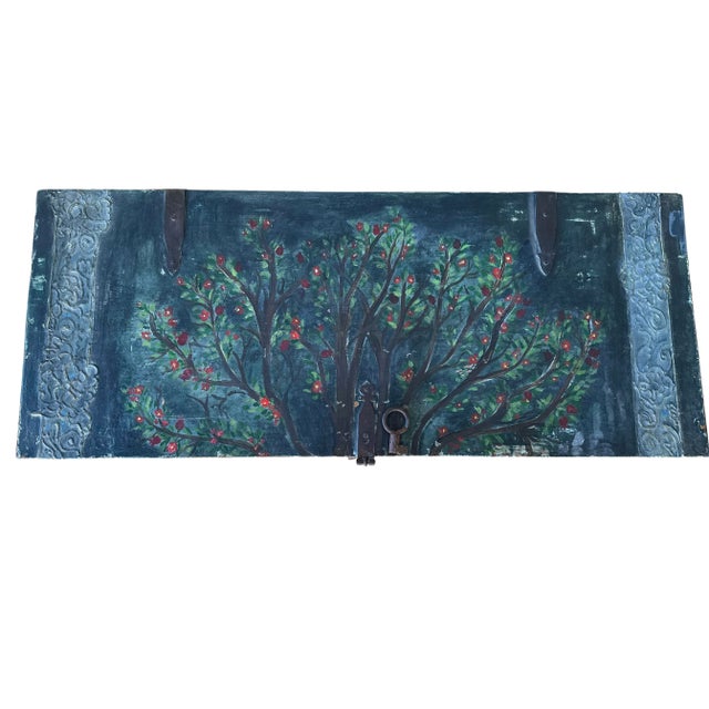 Vintage Pine Blanket Chest with original key. Painted in moody shades and layers of deep blue and greens with subtle...