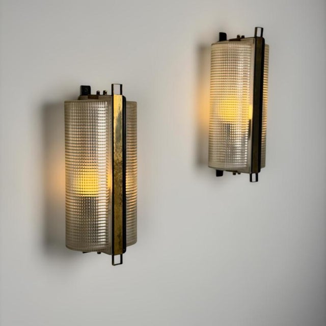 Large Brass and Pressed Glass Sconces by Jacques Adnet, France, 1960s, Set of 2 For Sale - Image 6 of 18