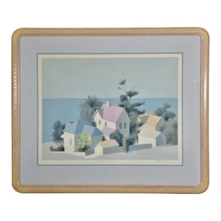 Vintage 1980s William Buffett Hand-Signed Serigraph "Houses by the Sea" – Limited Edition 35/375 in Original Rounded Oak Waterfall Frame For Sale