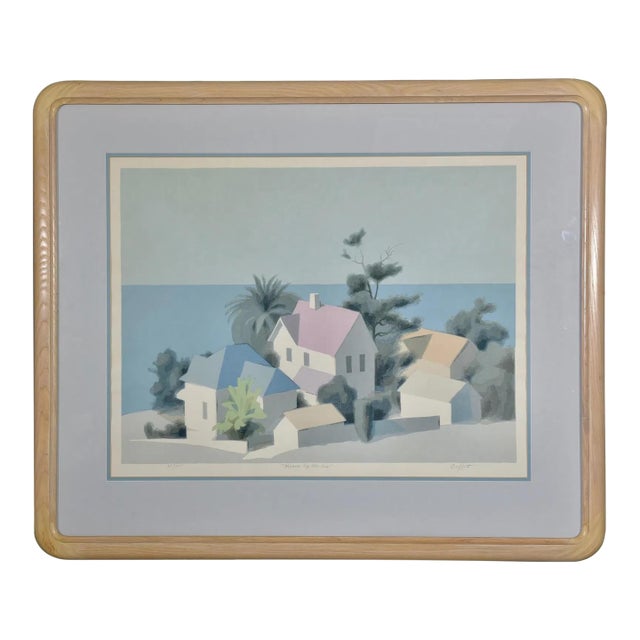 Vintage 1980s William Buffett Hand-Signed Serigraph "Houses by the Sea" – Limited Edition 35/375 in Original Rounded Oak Waterfall Frame For Sale