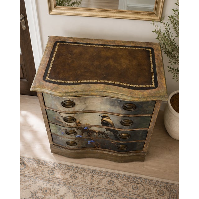 Traditional Vintage Bird Decoupaged Four-Drawer Dresser With Antiqued Finish For Sale - Image 3 of 7