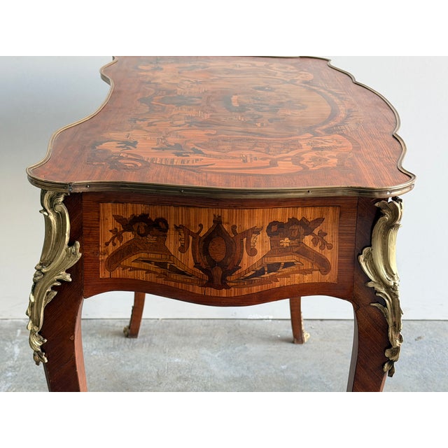 1940s Louis XV Style Inlaid Writing Desk With Ormolu Mounts & Marquetry Top For Sale - Image 9 of 15