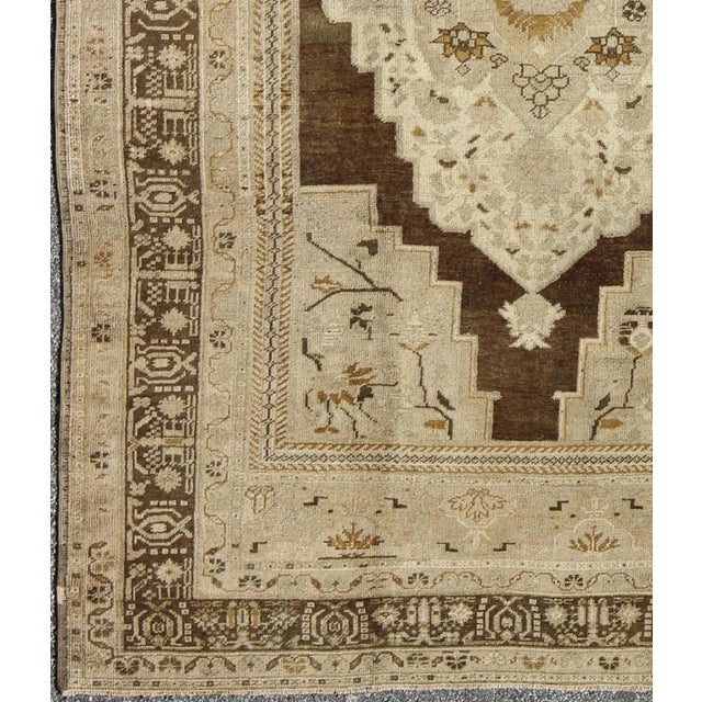 Tribal Floral Medallion Turkey Oushak Vintage Rug in Ivory, Taupe, Brown and Olive 6′1″ × 9′6″ For Sale - Image 3 of 9