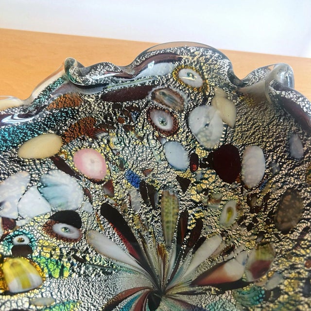 Hollywood Regency Vintage 1960s Murano Style Tutti Frutti Bowl Black/Multicolored Silver Flakes For Sale - Image 3 of 8