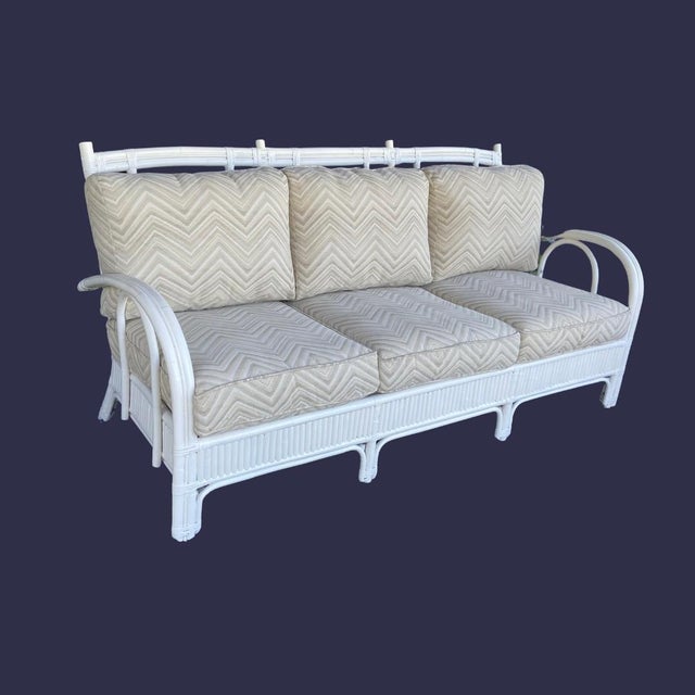 1970s McGuire Style Vintage Rattan Six Piece Patio Set Sofa, Chair, Rocker, Coffee Table, Two Side Tables in Excellent Condition For Sale - Image 5 of 12