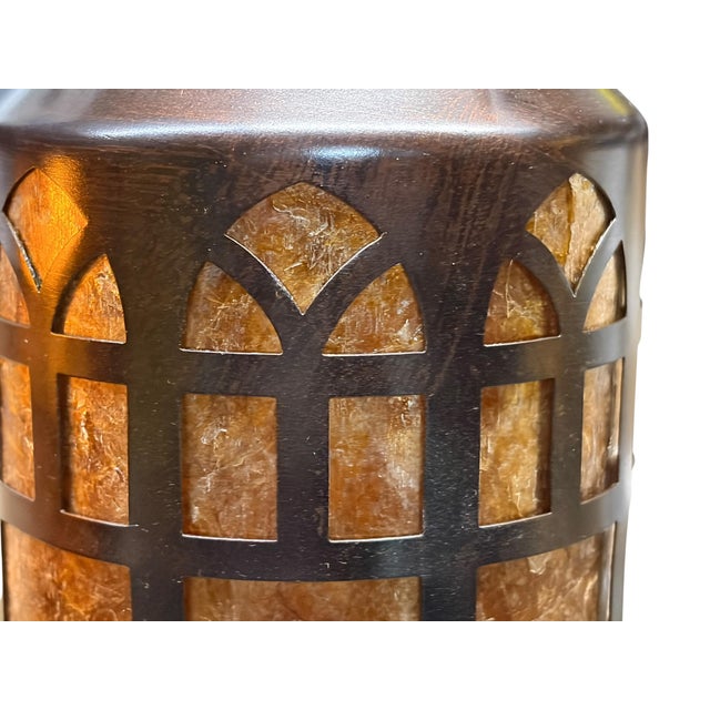 Metal Pair Patinated Brass Lantern Sconces With Amber Mica Inserts For Sale - Image 7 of 7