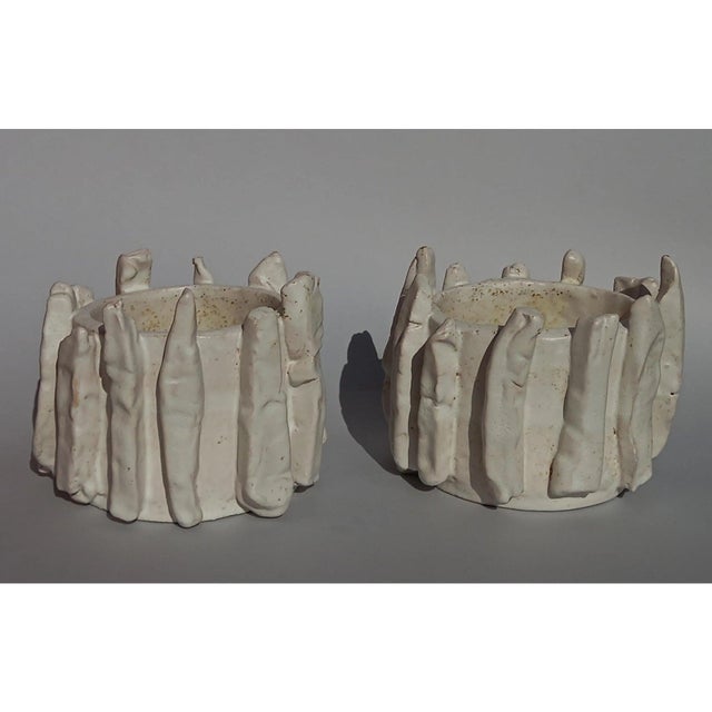 5.9" by 7" by 6.7" One-of-a-Kind Neutral Palette Hand Built Glazed Ceramic Planters by Diane Grant - Set of 2 / Plant Stands For Sale - Image 6 of 12