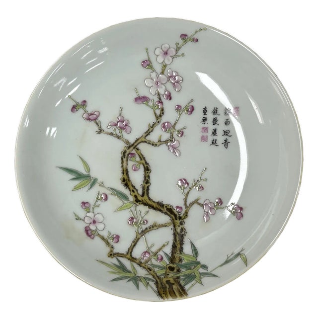 Chinese Pink Blossom Flower White Porcelain Plate Display Art For Sale