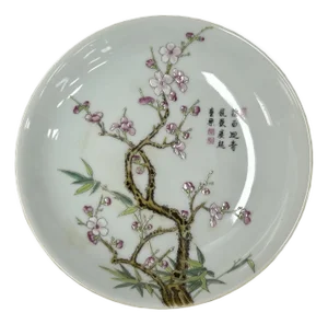 Chinese Pink Blossom Flower White Porcelain Plate Display Art