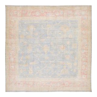 Modern Oushak Style Area Rug – Hand-Knotted Wool – Muted Blue, Soft Peach & Sand For Sale