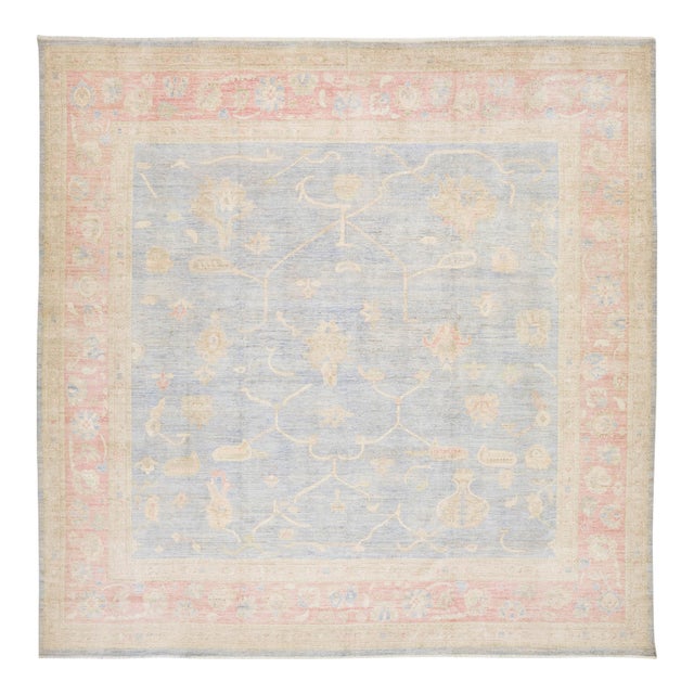 Modern Oushak Style Area Rug – Hand-Knotted Wool – Muted Blue, Soft Peach & Sand For Sale