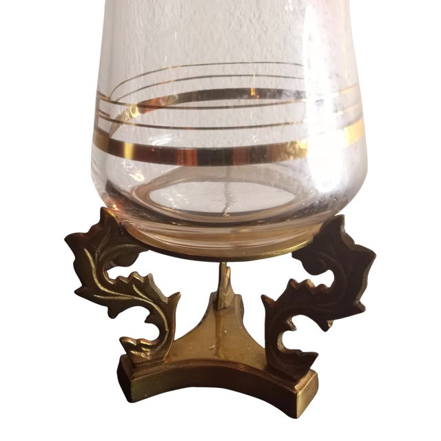 1950 Made in France Art Deco Carafe on Brass Stand- 4 Pieces For Sale