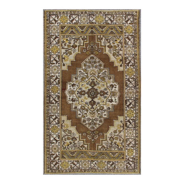 Vintage Turkish Oushak Rug in Warm Brown, Ivory, and Golden Yellow Tones For Sale