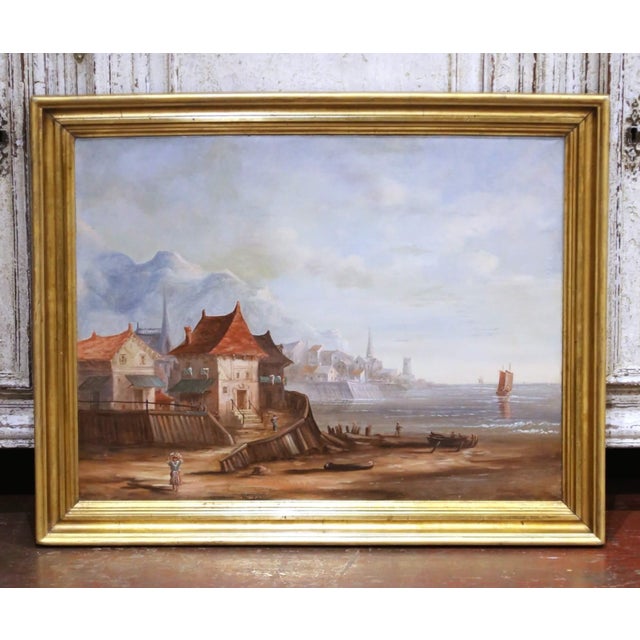 19th Century French Coastal Harbor Marine Oil Painting in Giltwood Frame For Sale In Dallas - Image 6 of 11
