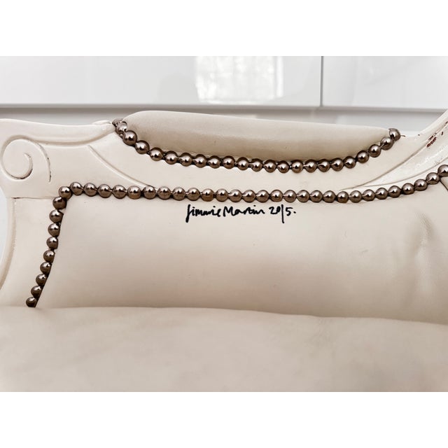 Pair of Bespoke Jimmie Martin Hand-Painted White Leather Graffiti Armchairs For Sale - Image 17 of 18