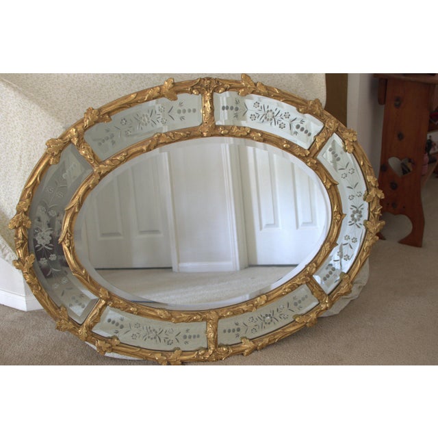Vintage Hollywood Regency Gold Gilt Oval Mirror W / Etched Floral Bevel Glass Border, Leaf & Acorn Ornate Frame- 50" For Sale - Image 10 of 18