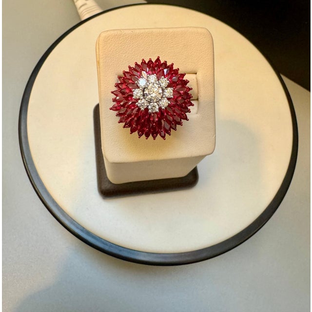 2010s 12 Ct Natural Marquis Ruby & 0.75 Ct Diamond 18 Kt White Gold Ball Ring Size 6 For Sale - Image 5 of 18