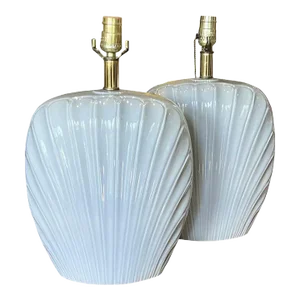 1980s Postmodern Clam Shell Motif Table Lamps in Light Gray or Blue - a Pair
