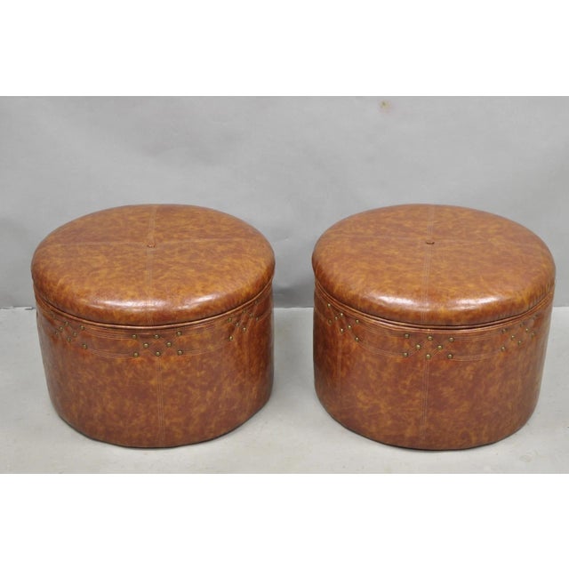 Contemporary Modern Moroccan Style Brown Faux Leather Round Storage Ottoman Pair For Sale - Image 15 of 15