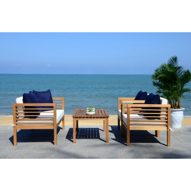 Outdoor Set With Accent Pillows in Natural & Navy - 4 Pieces For Sale - Image 9 of 10