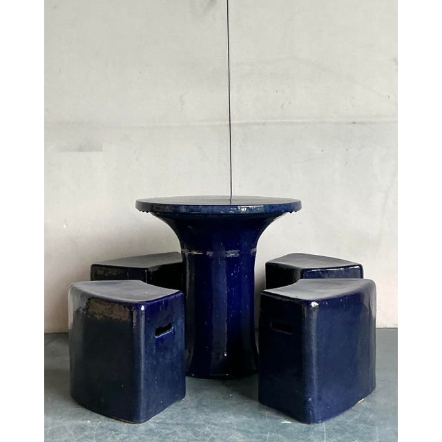Vintage Italian Glazed Ceramic Table and Stools - Set of 5 For Sale - Image 4 of 5