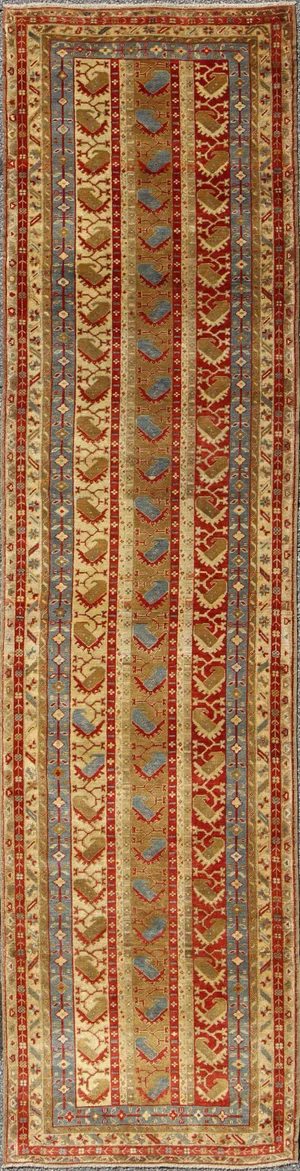 Antique Turkish Oushak Runner in Terracotta, Soft Blue, and Camel With Vertical 3'1 X 12'3