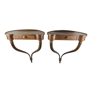 Italian 20th Century Walnut Wall Mount Curvy Consoles With Drawer - a Pair For Sale