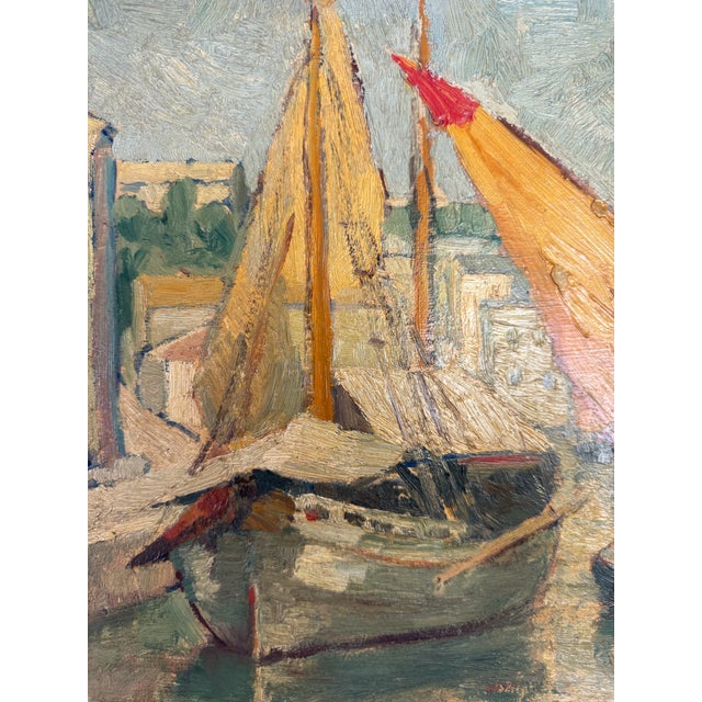 Goldenrod Harbor Scene Painting Dated 1929 For Sale - Image 8 of 9