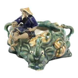 Antique Majolica Glazed Chinese Mudman and Elephant Planter For Sale