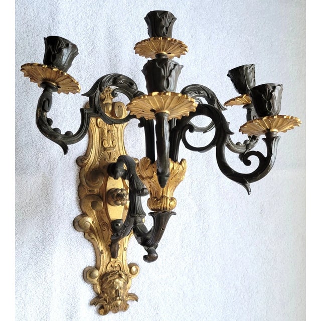 Antique 19thc French Empire Gilt & Patinated Bronze 5 Light Candelabra Wall Sconce - Male Mask For Sale - Image 9 of 15