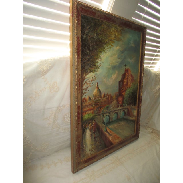 This is a Gorgeous! Vintage Painting on Canvas of St. Peter's Basilica and a View of the Bridge Ponte Sant'Angelo in a...