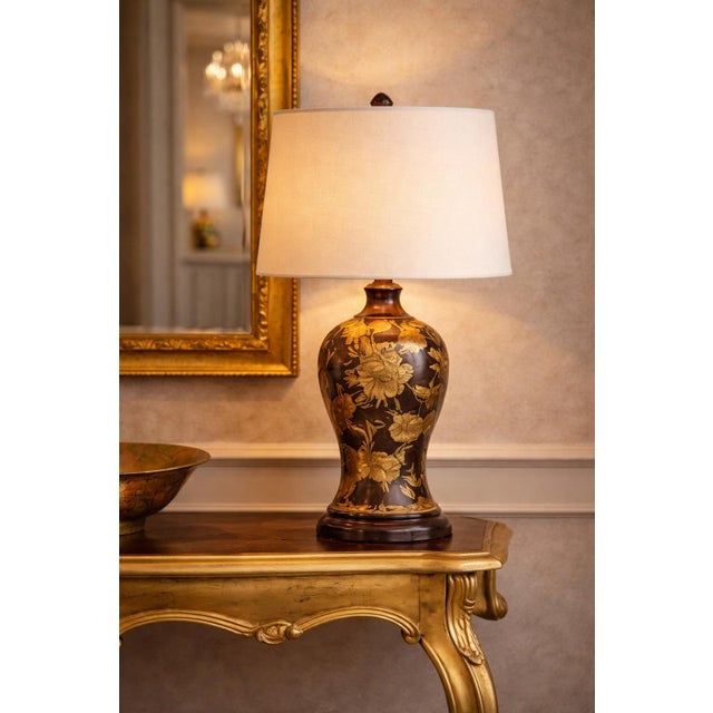 Glass Vintage Hollywood Regency Brown Lacquer Glass Table Lamp With Gold Floral Chinoiserie Motif and Linen Drum Shade – David W. Estate For Sale - Image 7 of 8