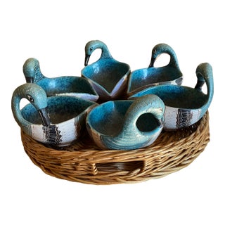Mid 20th Century 6 Piece Mid-Century Bitossi Italian Pottery Swan Bowl Set in Basket For Sale
