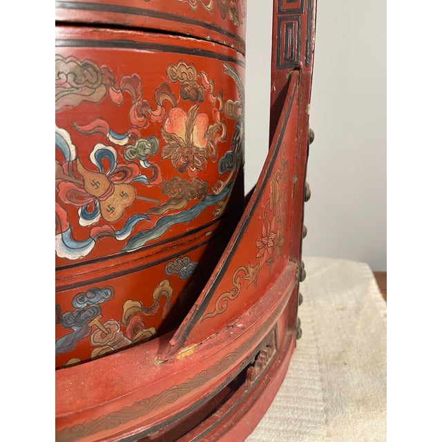 A Large Antique Chinese Red Lacquered Four-Tier Stacking Wedding Basket/Box. For Sale - Image 9 of 12