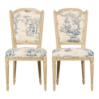 Antique French Louis XVI Style Painted Accent Side Chairs in Blue Toile - A Pair For Sale