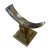 A natural horn mounted on a brass pedestal stand. The horn displays natural color variations from dark gray to lighter...