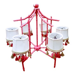Palm Beach Regency 6 Light Hot Pink Green Fringe Pagoda Faux Bamboo Chandelier For Sale