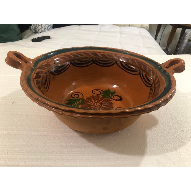 Wonderful large vintage Mestizo hand thrown Mexican pottery bowl with handles. Beautiful design. Marked on bottom as...