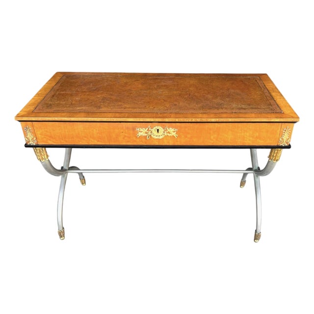 Refined Neoclassical French Empire Desk With Leather Top and Sculptural X Base For Sale