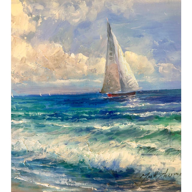 2020s Coastal Sailboat Seascape Clouds — Original Oil Painting by Matt Thomas For Sale - Image 5 of 7