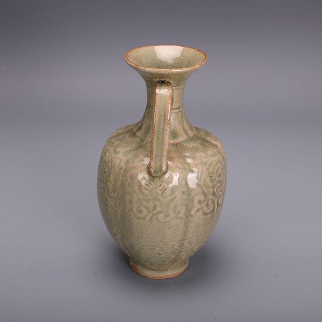 Vintage Chinese Celadon Glaze Yaozhou Style Ewer, Carved Floral Wine Pitcher For Sale In New York - Image 6 of 10