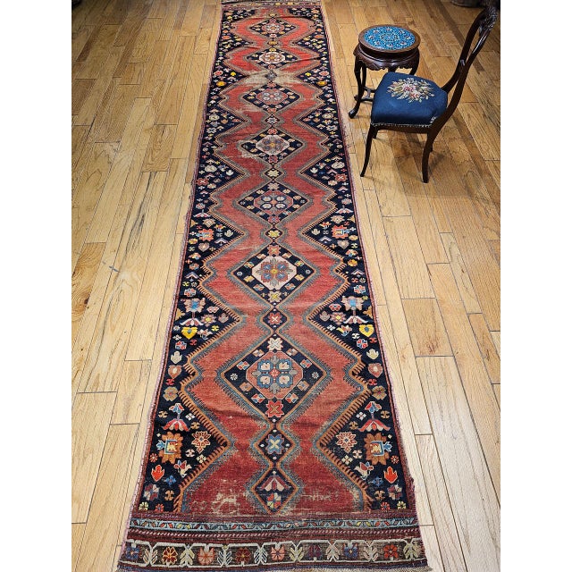 Antique Caucasian Karabagh Runner, Hand-Knotted Wool, Red & Navy, 4' x 17' For Sale In Chicago - Image 6 of 13