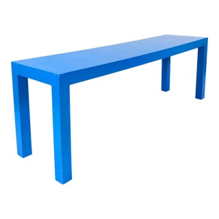 Vintage 1970s Bright Blue Solid Wood Parsons Bench For Sale