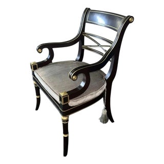 Ebony and Gilt Armchair in Grey Velour Fabric by Kindel Furniture For Sale