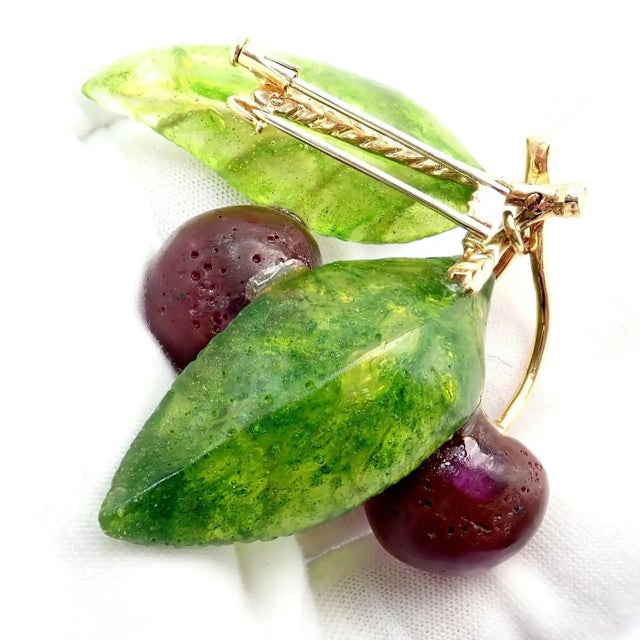 Vintage Tiffany & Co. France Diamond Plique a Jour Glass Cherries Gold Brooch For Sale - Image 12 of 16