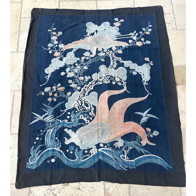 A large unframed Japanese Futonji textile art circa late 19th century toward the end of the Meiji period. Seamed together...