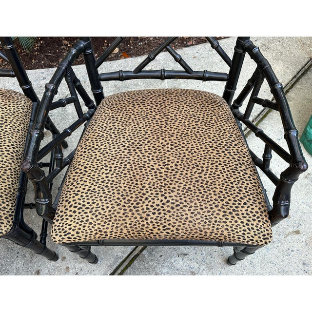 Faux Bamboo Chinese Chippendale Style Dining Chairs – Set of 6 Including 2 Armchairs, 4 Side Chairs, Leopard Upholstery For Sale - Image 11 of 12