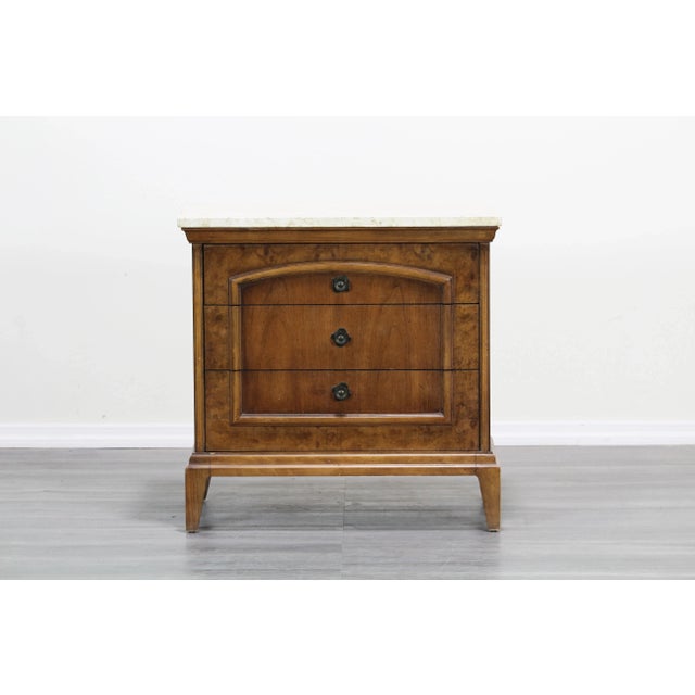 Mid Century Walnut Burlwood Nightstands With Travertine Top Chairish
